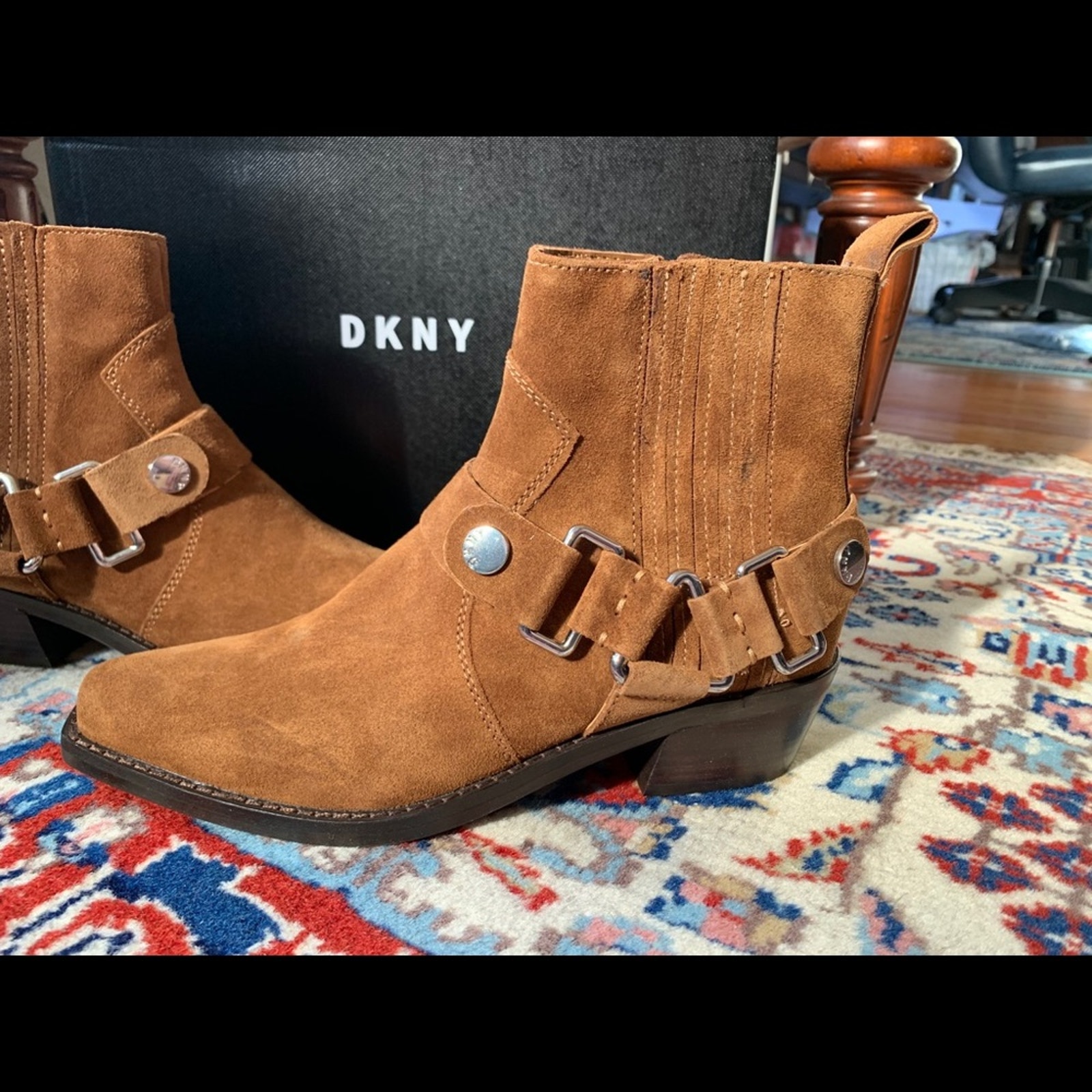 Dkny Western Suede Cowboy Ankle Boots Whiskey Brown 6.5